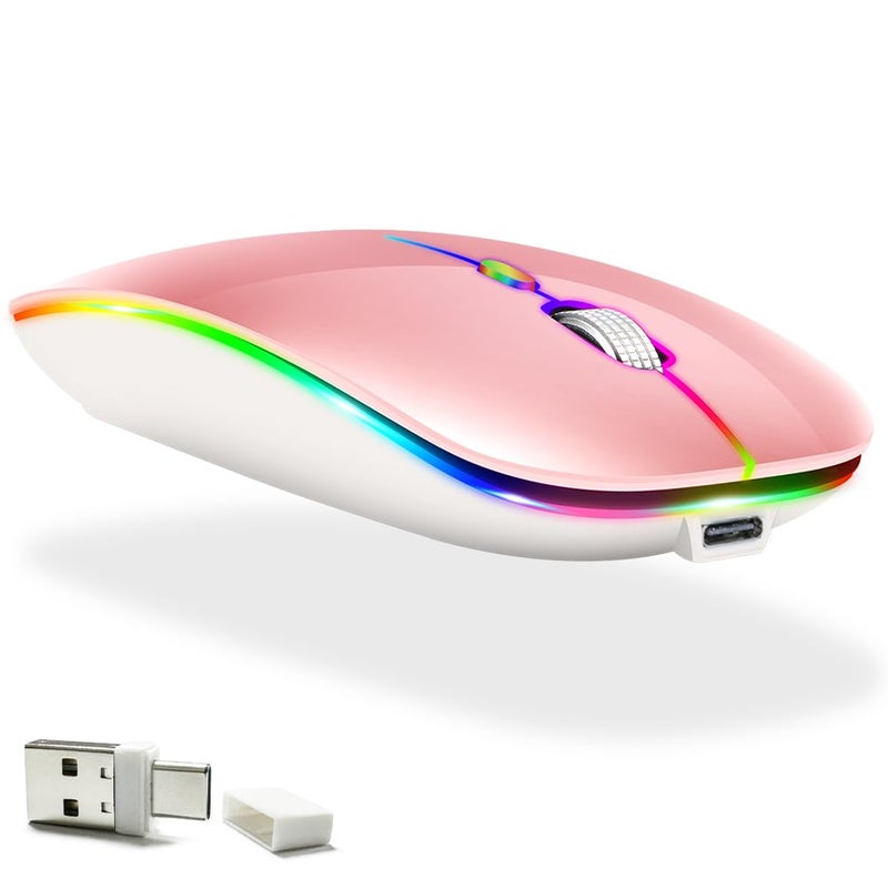 KLO LED Rechargeable (BT5.2+Type-C+USB2.4G) Bluetooth Mouse for MacBook/MacBook air/Pro/iPad/Laptop/Notebook/pc/Chromebook (A LED/Pink) - Image 1